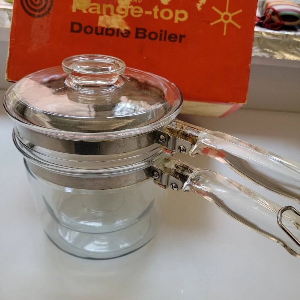 Vintage 1950's Pyrex Flameware 3pc Clear Glass Double Boiler SeComplete w/Lid - Picture 2 of 7